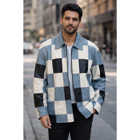 RODELLI UOMO Vinatge Blue White Leather Patchwork Unisex Jacket size XL